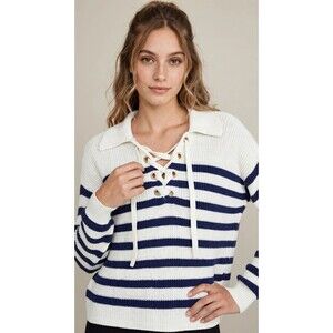 LOFT Sweater Women SP Petite Navy White Striped Lace Up Polo Chunky Nautical